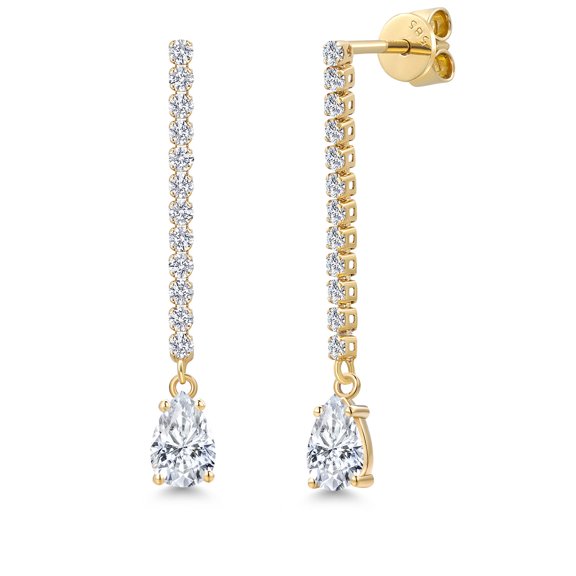 Gem Stone King 14K Yellow Gold White Moissanite and Lab Grown Diamond Dangle Earrings for Women | 1.16 Cttw | Gemstone Birthstone | Pear Shape 6X4MM