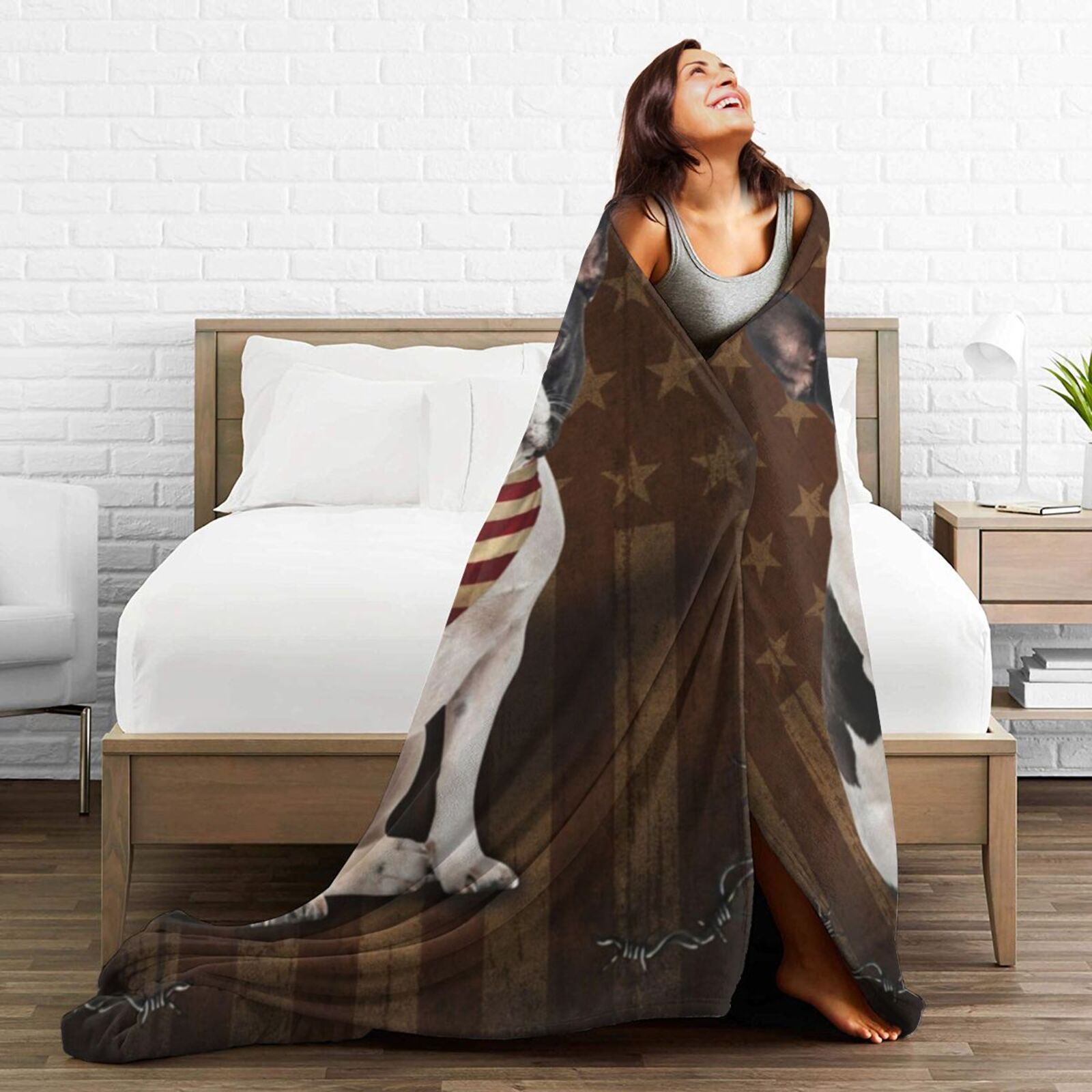 Wijzvio Boston Terrier Bulldog Dog With Vintage American Flag Throw Blanket Soft Fuzzy Fleece Blanket For Couch Bed Living Room Decoration 50"X40"