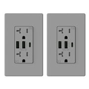 ELEGRP 30-Watt 20 Amp 3-Port Type C and Dual Type A USB Duplex USB Wall Outlet, Wall Plate Included, Gray ，R1820D60AAC-GR2 (2-Pack)
