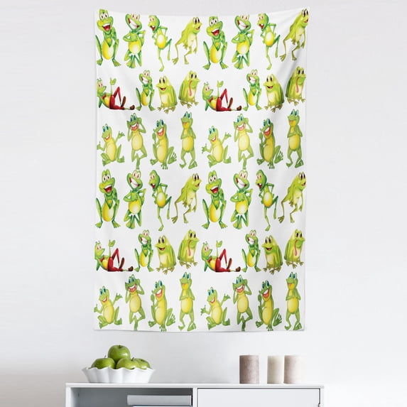 Cartoon Tapestry, Frogs in Different Positions Funny Happy Expressions Faces Toads, Fabric Wall Hanging Decor for Bedroom Living Room Dorm, 5 Sizes, Green Yellow Red, by Ambesonne
