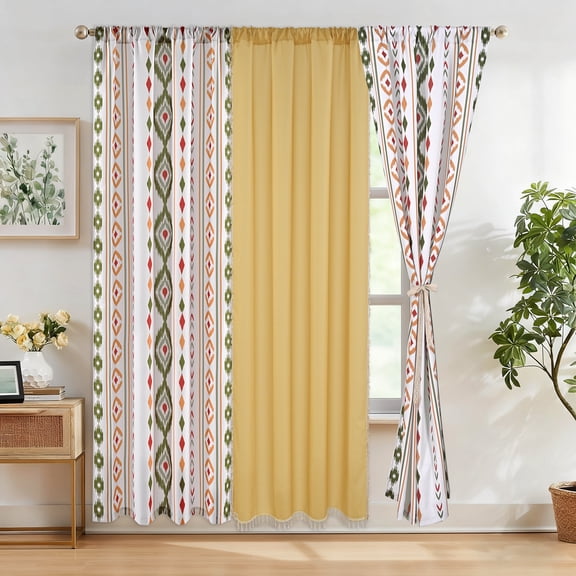 Invoibler Set of 3 Boho Curtains,60-65% Room Darkening Curtain,Window Drapes,3 Panel,Yellow-green&White