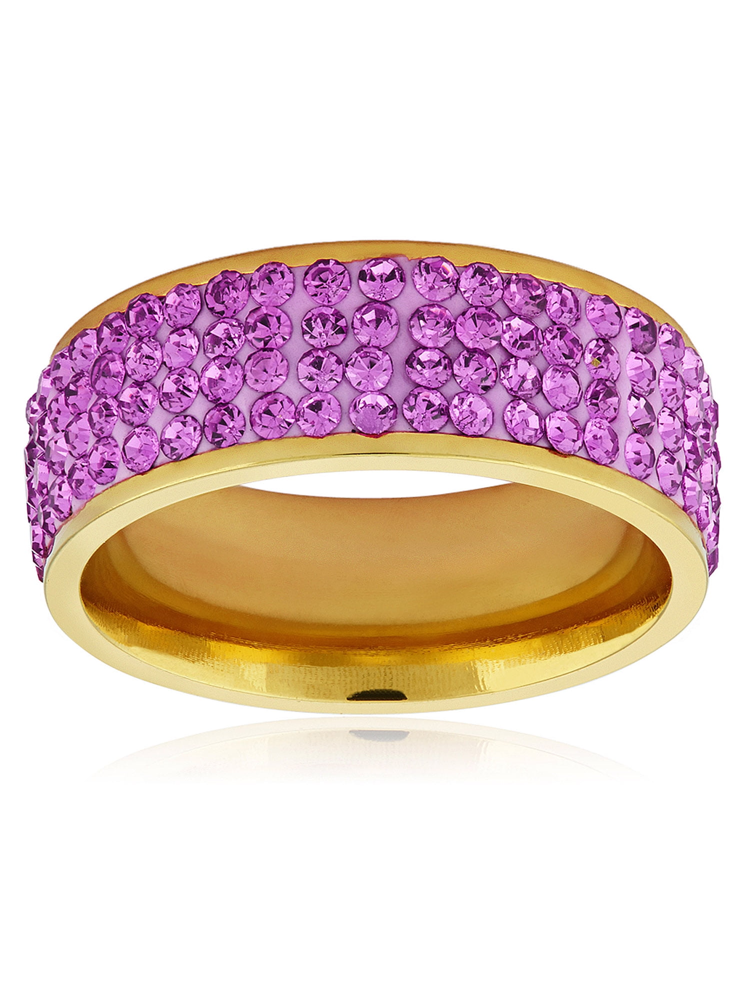 ELYA Jewelry Women's Purple Crystal Stones Gold Plated Stainless Steel Band Ring (8mm Wide)