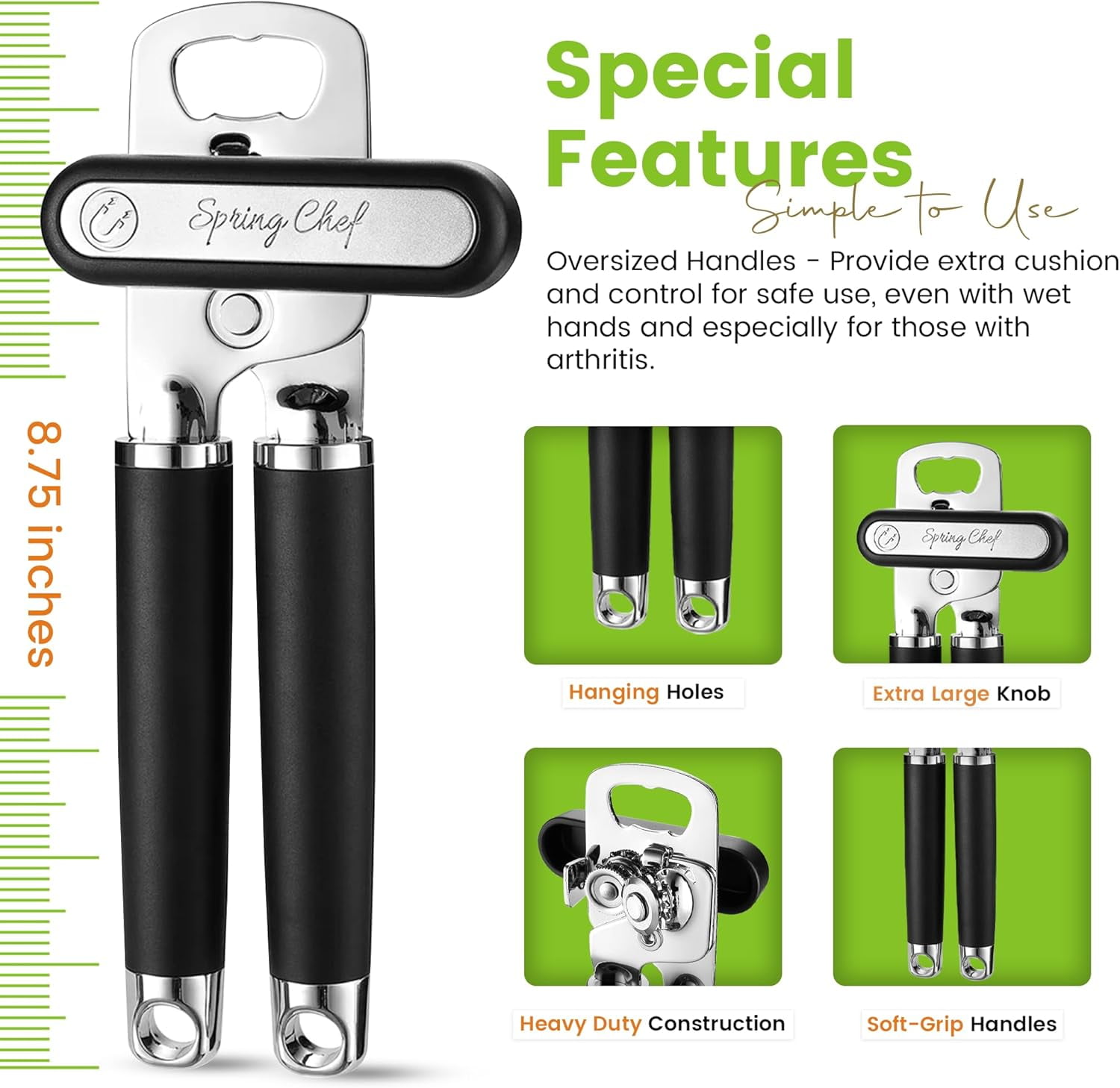 Stainless Steel Can Opener - Manual with Soft Grip Handles, Easy Turn, Heavy Duty Hand Openers for Seniors Smooth Ed Magnetic Lid Remover