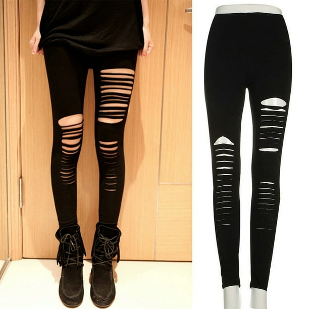 Summer Style Women Fashion Hole Leggings Ladies Bodycon Punk Holes Ripped  Slit Split Leggings Boho Solid Slim Pants 