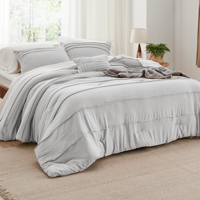 Juego de Edredón Bedsure King con Pliegue Pinzado Gris Claro de 4 Piezas