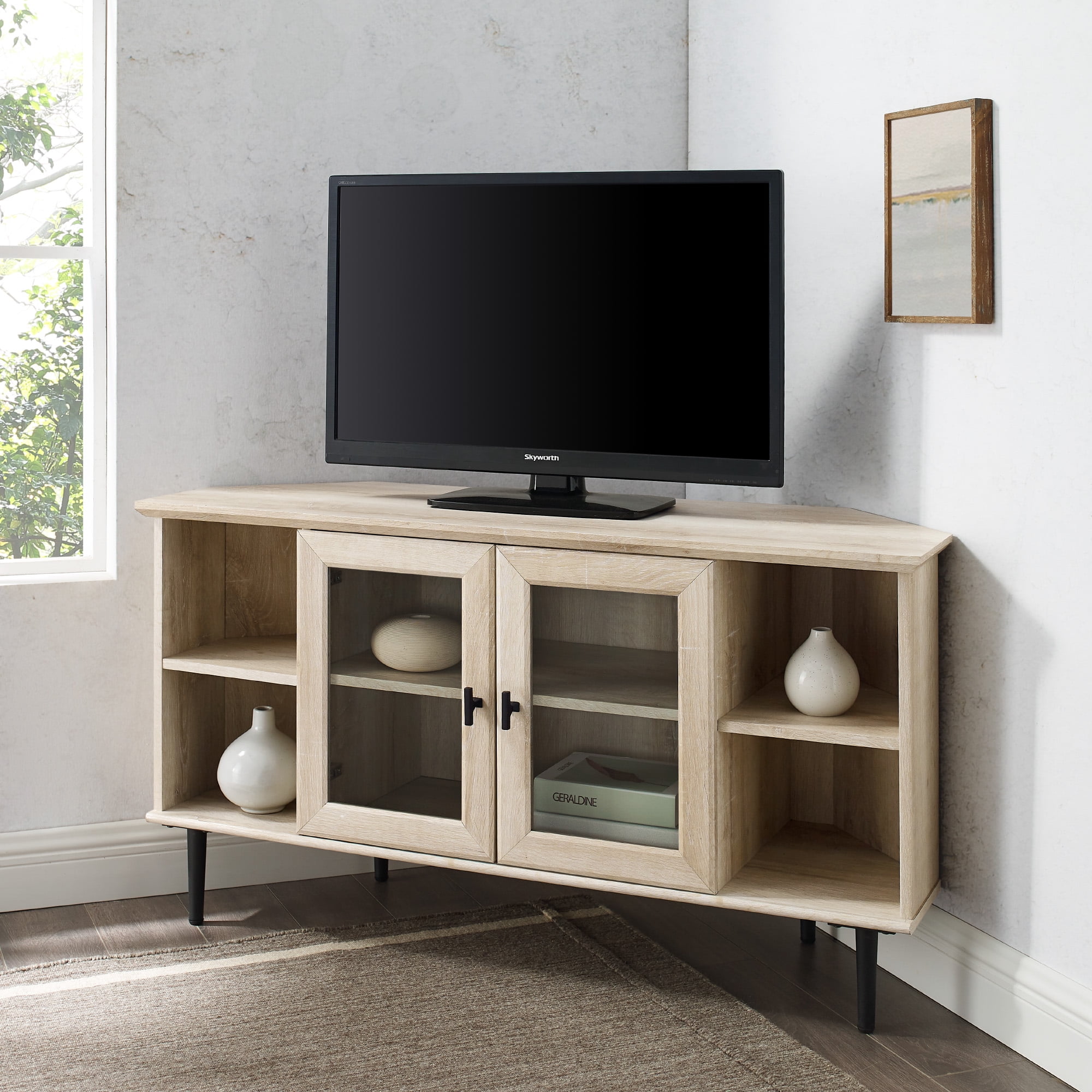 Manor Park Glass Door Corner TV Stand for TVs up to 55", White Oak