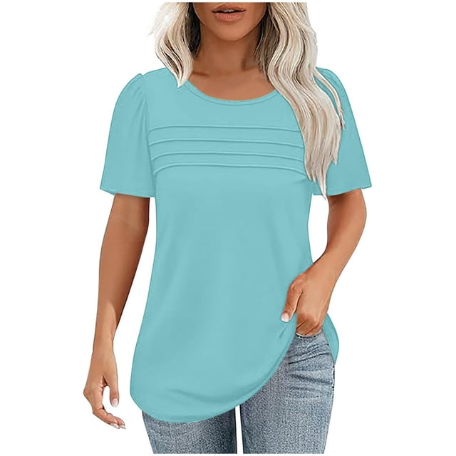 Yanlir T-Shirt Décontracté à Manches Courtes et Col Rond pour Femmes, Mode Printemps et Été 2025, Col Rond Basique Doux, Léger pour le Travail et la Plage (Bleu Clair)