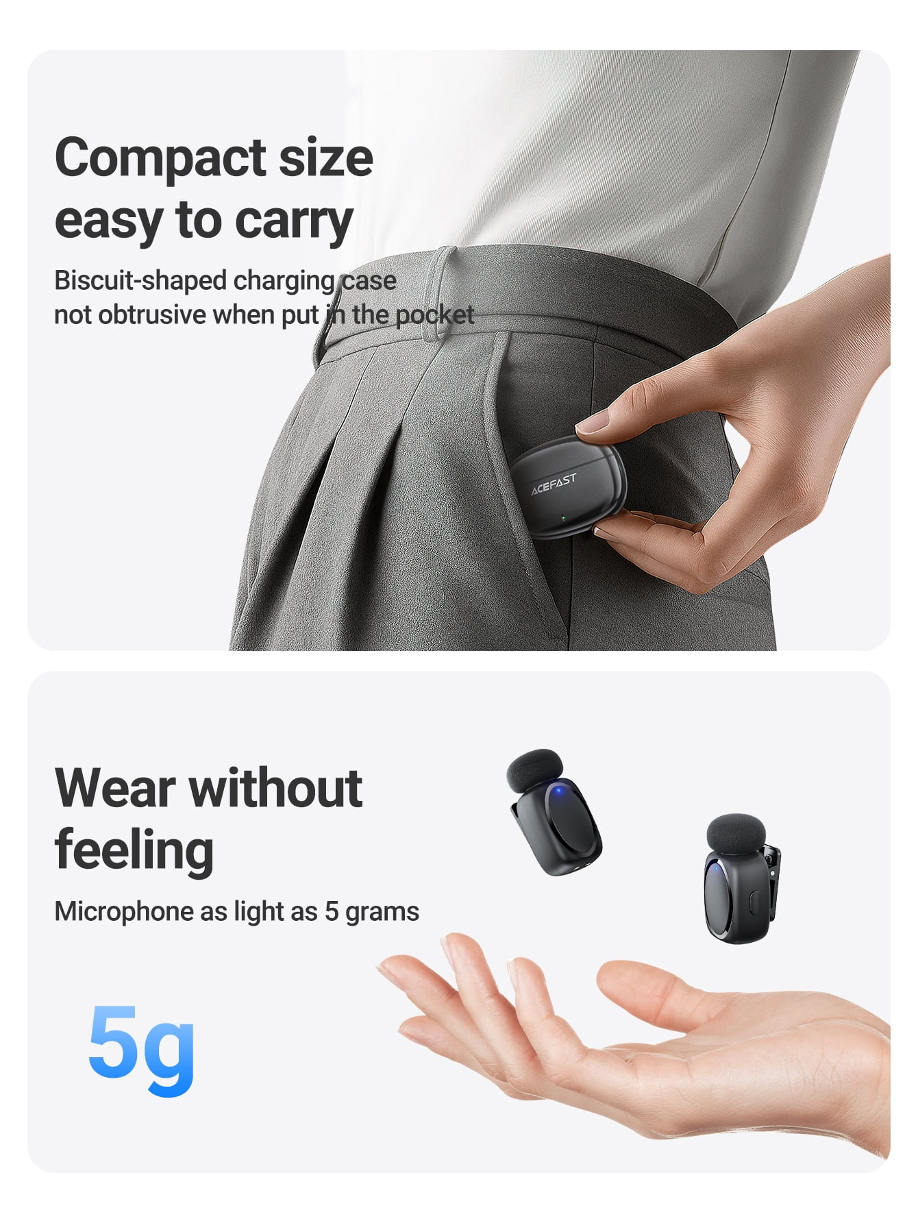 ACEFAST Mini Dual Wireless Lavalier Mics, 4H Single/20H with Case, Deep Noise Cancellation, Ideal for Podcasting/Live Streaming/Meetings