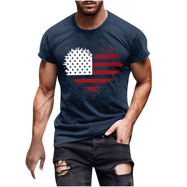 Mens Casual Manga Corta Botón Abajo Camisetas Estados Unidos Bandera Impresión Cuello Redondo Suéter Camiseta, Poliéster Casual Uso Diario para Hombres