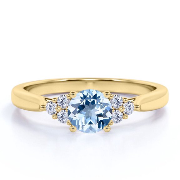 JeenMata 1.10 carat Round Sky Blue Created Aquamarine 7 Stone Art Deco Engagement Ring in 18k Yellow Gold over Silver