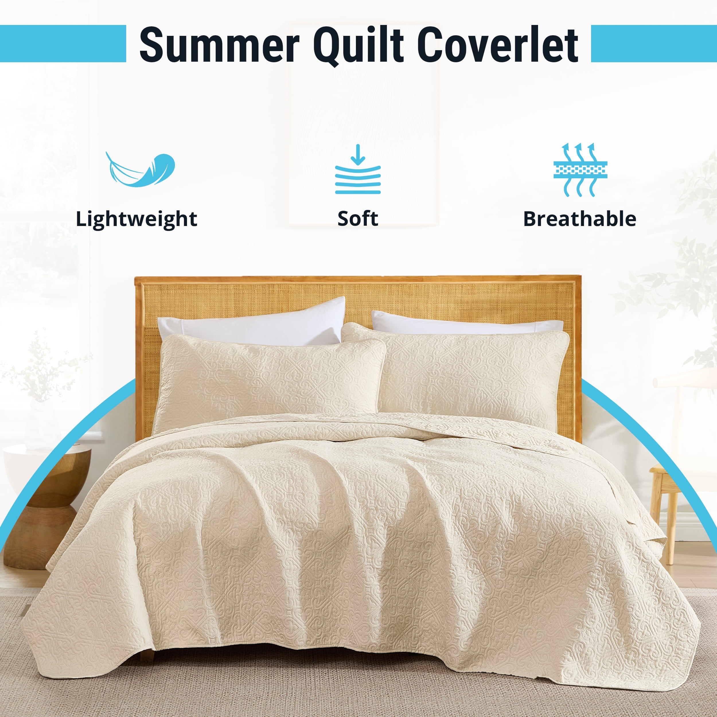 THD Loren - 3 Piece King Size Quilt Set, Lightweight King Bedspread Coverlet Set (King, Beige)