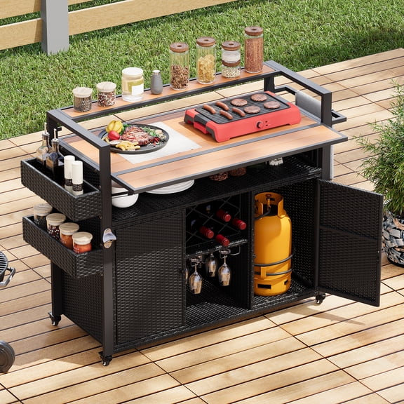 DTTRA 52.8" Wicker Outdoor Grill Cart with Poly Wood Top, Drop Leaf & Wine Rack, Black