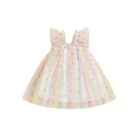 

Todd;er Baby Girl Princess Dress Fly Sleeve Heart Print Party Tulle Mesh Dress with Butterfly Wings