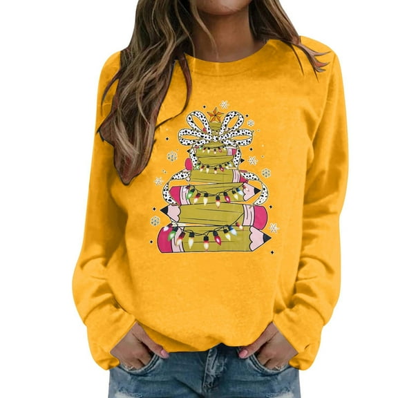 Fiaer Women's Sweatshirts Christmas Tree Bow Funny Graphic Long Sleeve Pullover Plus Size Crew Neck Cozy Fall Xmas Tops Yellow XL