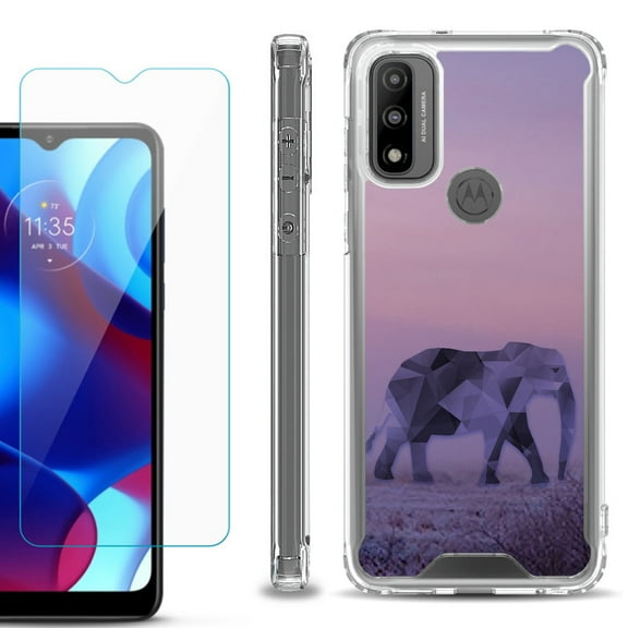 Shockproof Bumper Phone Case for Motorola Moto G Pure, with Tempered Glass Screen Protector, by OneToughShield ® - Twilight Elephant
