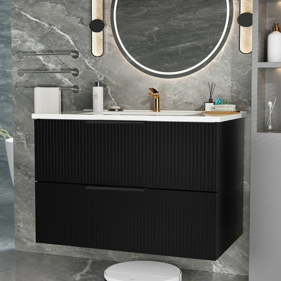 Noble House 36" Wall Mounted Floating Bathroom Vanity with Sink, 2 Drawers, Modern Cabinet, Matte Black