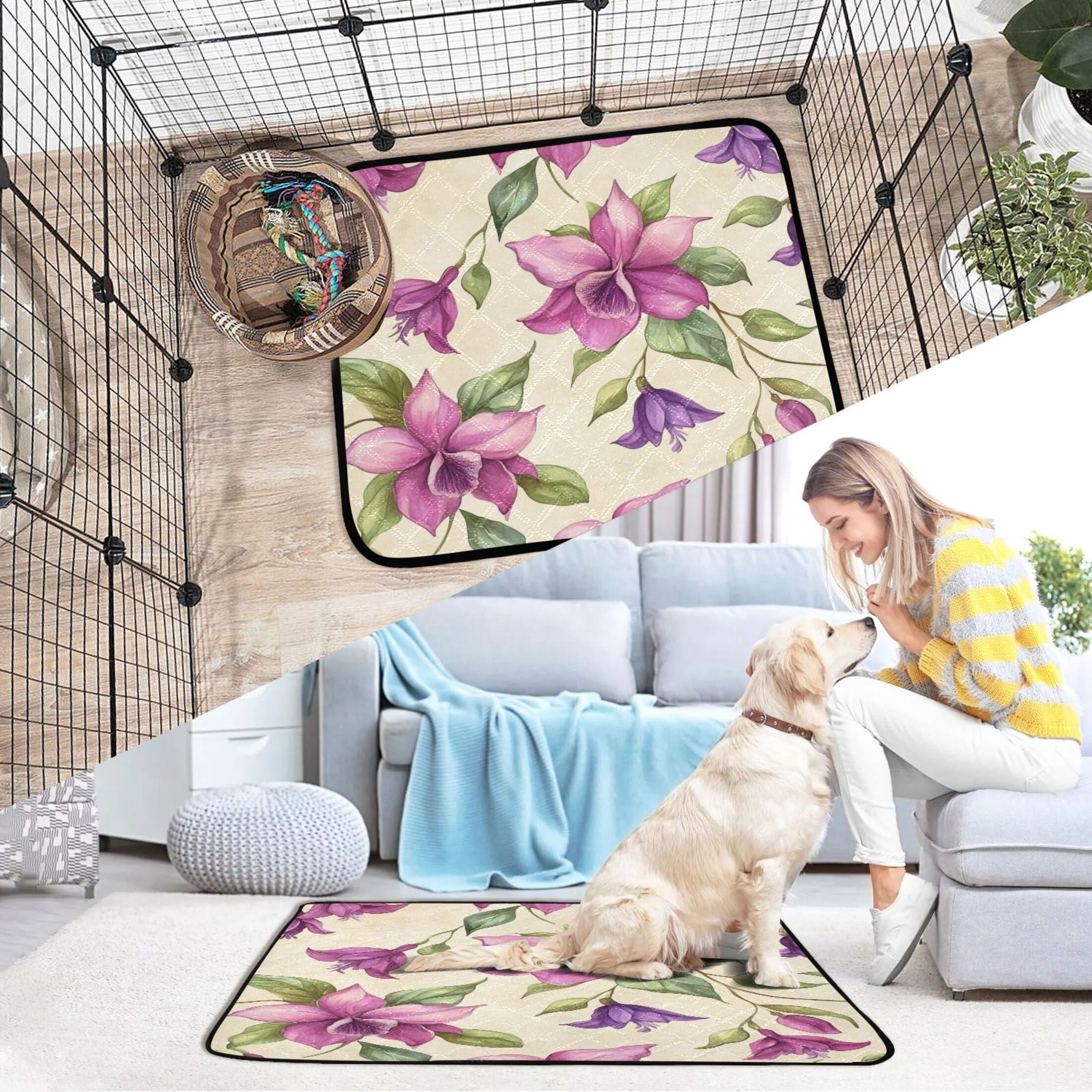 Qxltty A Pattern with Watercolor Fuchsia Orchids Cat litter Pads Pet Set of 3 Diaper Mats Center Anti-leakage Layer Absorbent Soft and Comfortable