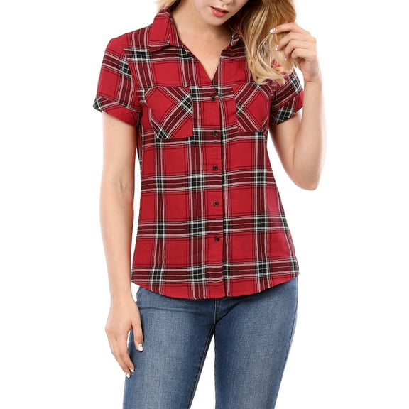 DARING DIVA Women's Casual Boyfriend Plaid Button Down Flannel Shirt XS Red