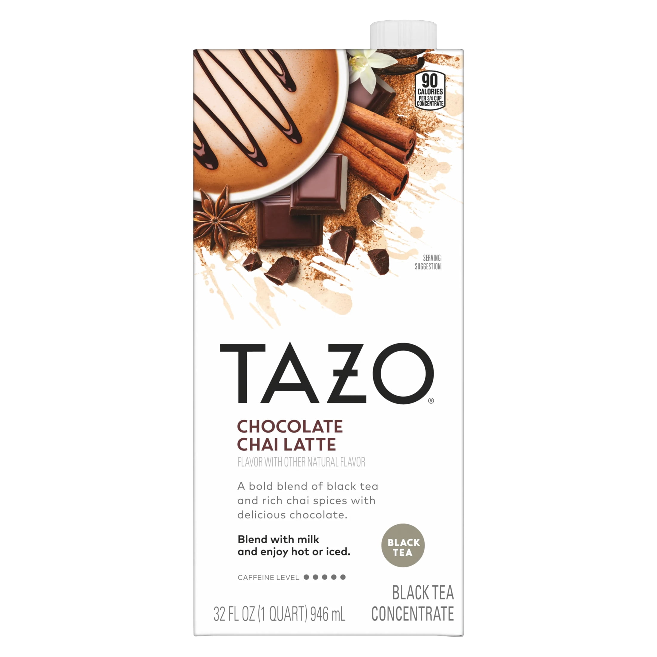 (6 pack) TAZO Chocolate Chai Tea Latte, Flavored Black Tea Concentrate, Easy to Serve Café-Style Lattes, Caffeinated, Hot or Iced Chocolate Tea, 32oz  Carton