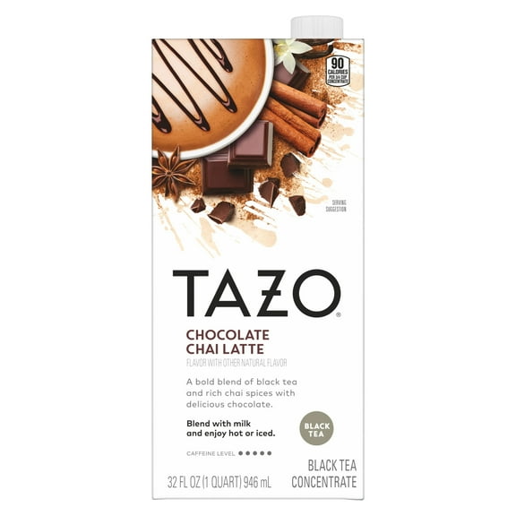 TAZO Chocolate Chai Latte, Flavored Black Tea Concentrate, Easy to Serve Café-Style Lattes, Caffeinated, Hot or Iced Chocolate Tea, 32oz  Carton