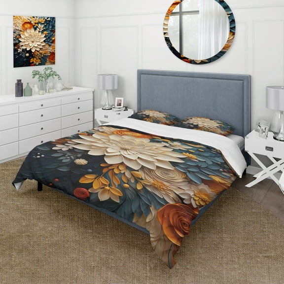 Designart "Orange Teal botanic Whirlwind IV" Abstract Bedding Covert Set - Abstract Botanicals Orange Modern Bed Set With 2 Shams