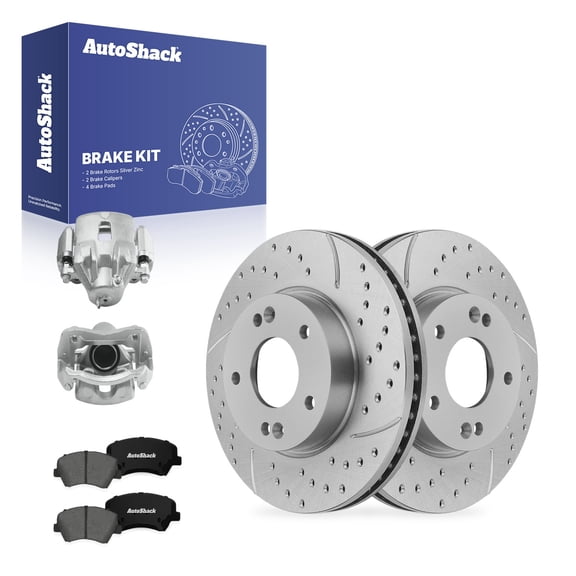 AutoShack Front Vented Drilled & Slotted Silver Zinc Coated Brake Rotors   Premium Ceramic Pads   Calipers 8-PC Brake Kit Replacement for 2011-2016 Hyundai Elantra SilverShield Pro 11.02" (280 mm)