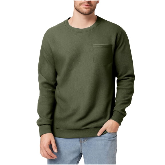 SYMOID Mens Army Green Long Sleeve Crewneck Sweatshirt - Soft Stretch, Textured Weave with Chest Pocket for Casual Daily Wear & Fall Winter,Size S