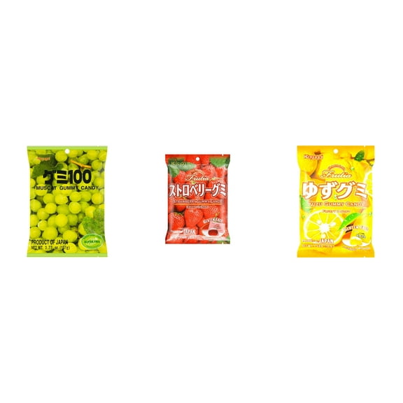 3 Pack Kasugai Gummy Candies, Made in Japan, Gluten Free, Mix 3 Flavor (Mmuscat,Strawberry,Yuzu) Plus NineChef Brand Long Handle Coffee Spoon