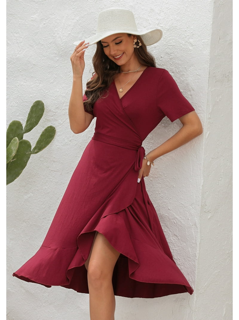 ROYAL MATRIX Women Summer Dress Wrap V-Neck Short Sleeve Casual Beach Dress  A-Line Pleated Midi Sun Dresses (Wine, M) - Walmart.com