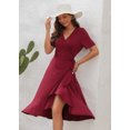 thumbnail image 3 of Women Summer Dress Wrap V-Neck Short Sleeve Casual Beach Dress A-Line Pleated Midi Sun Dresses (Wine, S), 3 of 5
