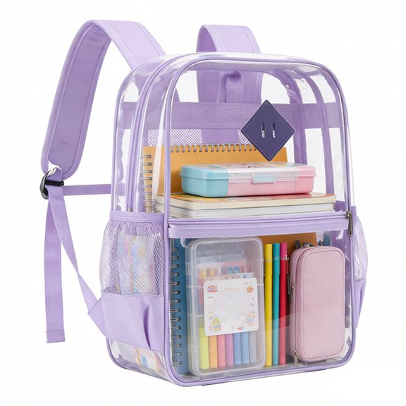 UALSRZL Clear Backpack, Heavy Duty PVC Transparent School Bag with Reinforced Strap, Large Capacity Bookbags for Boys Girls Stadium Approved, Purple