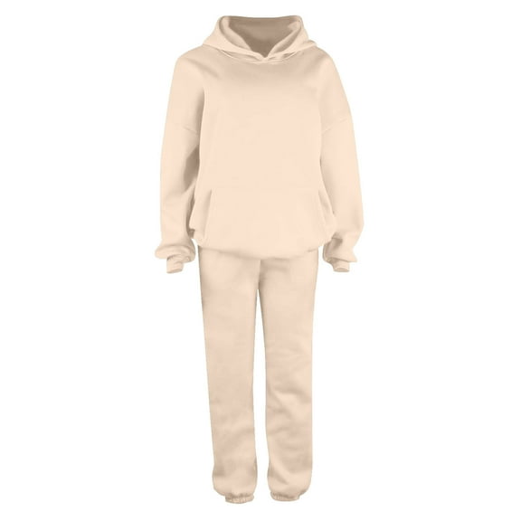 Two Piece Outfits for Women Sweatsuits Sets Fall New Fashion Women's Casual Solid Solid Long Sleeve Pockets Elastic Waist Long Pants Sets Hooded Sweatshirt Sweatpants Set Beige L