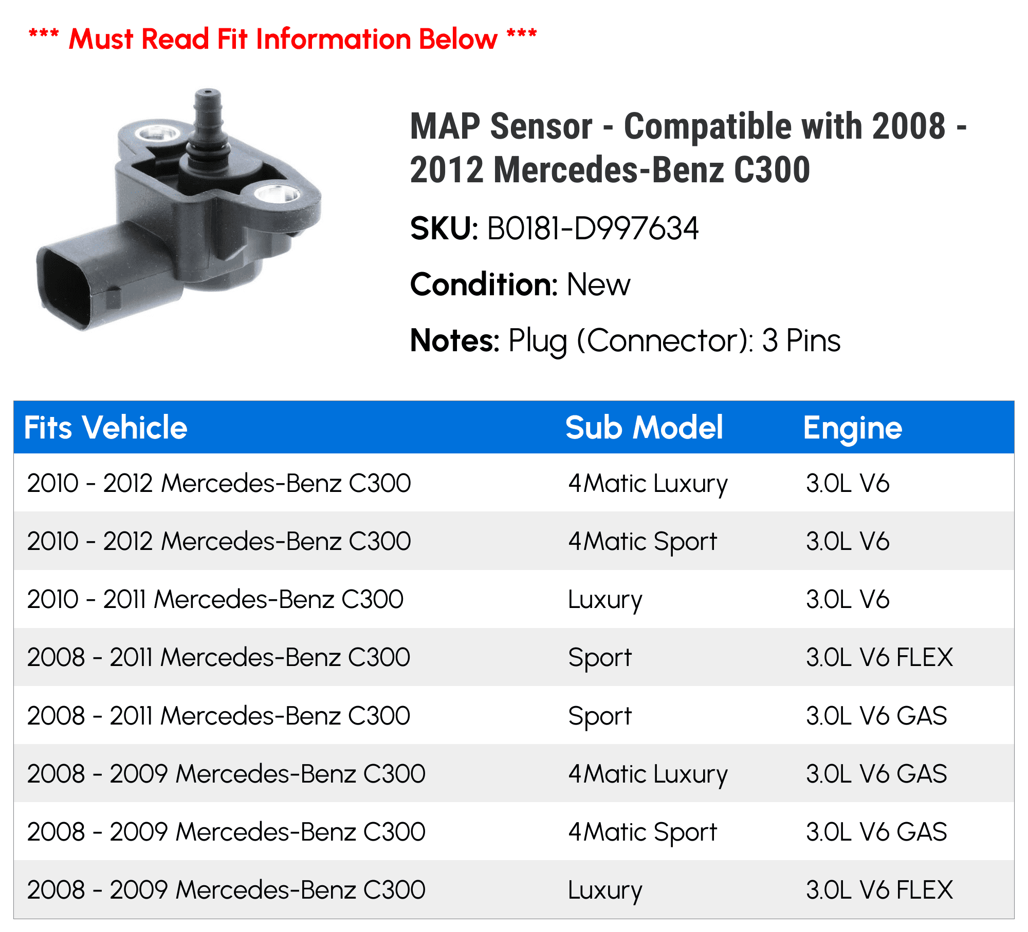 MAP Sensor - Compatible with 2008 - 2012 Mercedes-Benz C300 2009 2010 2011