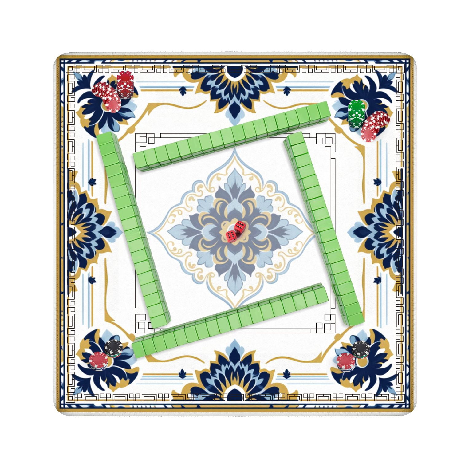 Mahjong Mat 31.5" x 31.5" Ornamental Floral Tile Blue Navy Gold Symmetrical Decorative Motifs Non-Slip Noise Reduction American Mahjong Tiles Table Cover for Dominoes Poker Card Board Games Gift