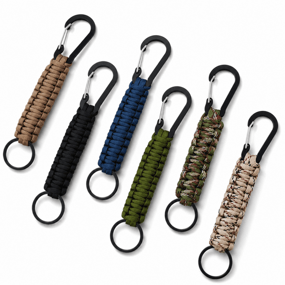 6-Pack Paracord Key Lanyards with Carabiner Clips and Key Rings for Backpacks, Camping and Hiking