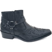 Men's Cowboy Boots Western Leather Lined Ankle Harness Strap Side Zipper Shoes