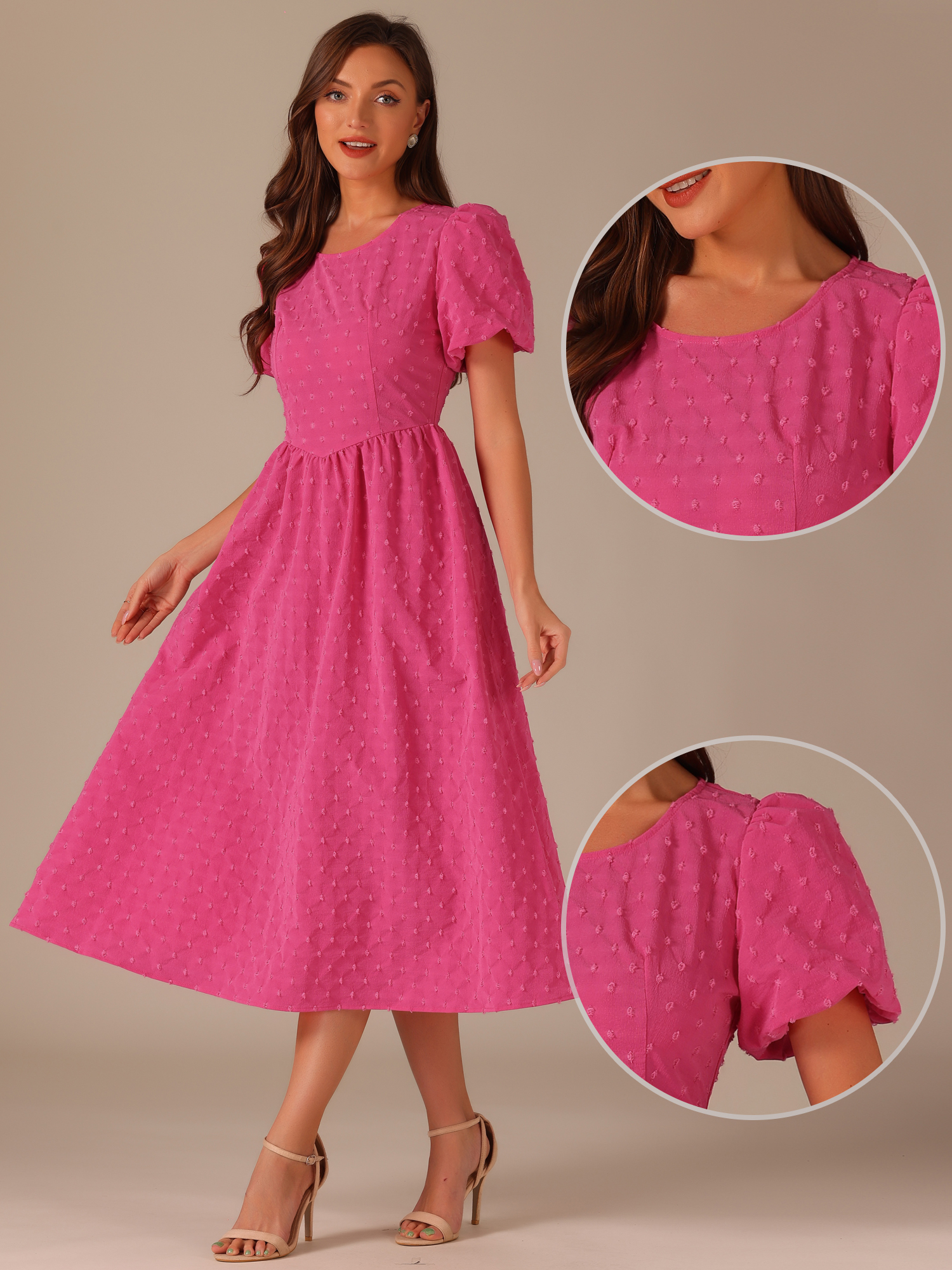 DARING DIVA Women's Puff Sleeve Textured Fit and Flare Dresses M Hot Pink