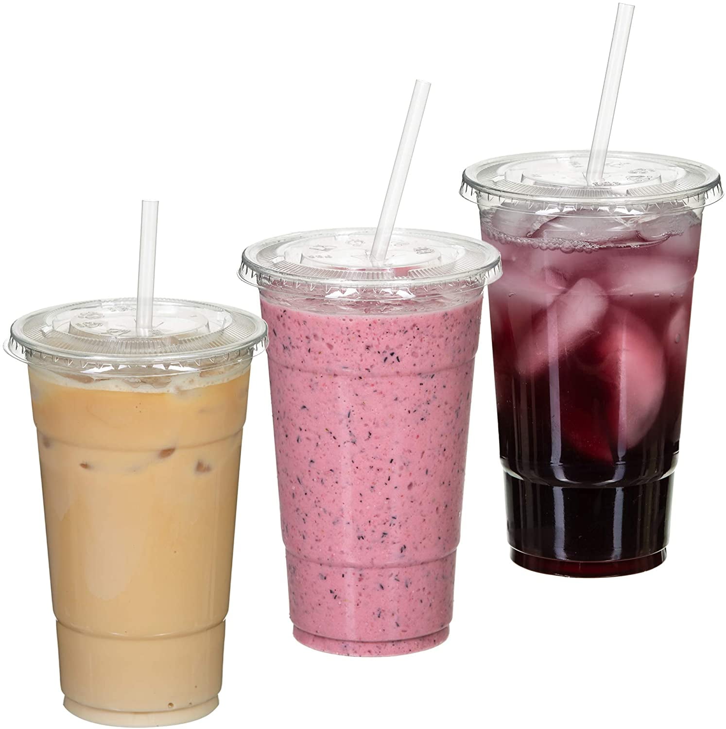 100 Pack 24 oz Disposable Clear PET Plastic Cups w/ Flat Lids and Clear Straws 