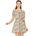 thumbnail image 3 of Vestido A-Línea De Leopardo Cintura Del Lazo Mangas De Soplo Cuello En V Para Mujeres Beige S, 3 of 6