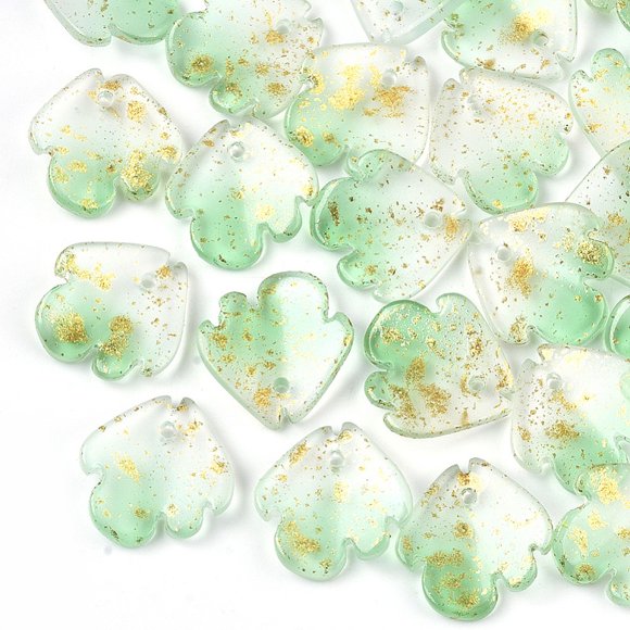 Two Tone Transparent Spray Painted Glass Charms with Glitter Powder Frosted Flower Light Green 15x15x4mm Hole: 1.2mm