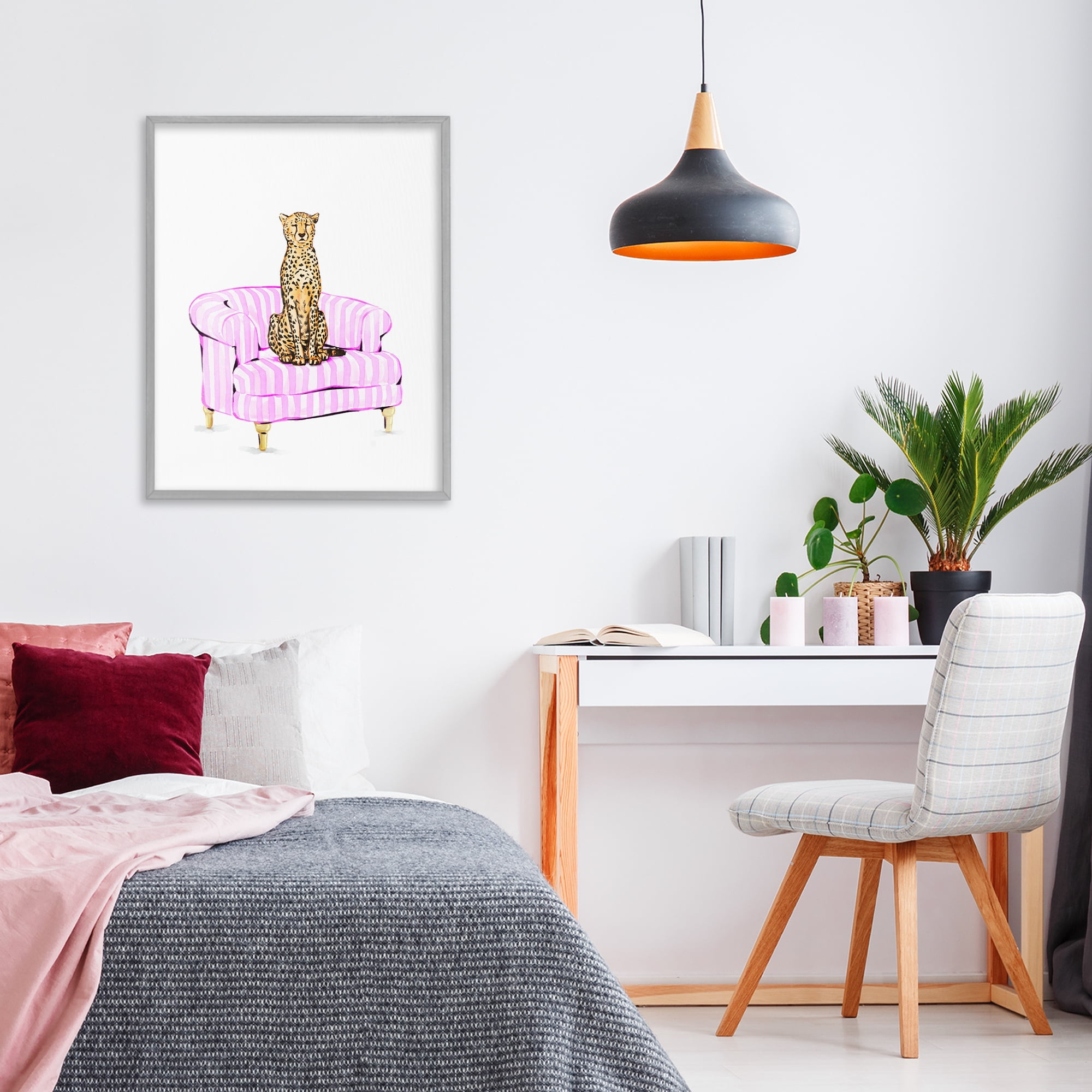 Cheetah on Pink Stripe Chair Gray Framed Giclee Art, design by Ziwei Li
