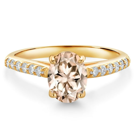 Gem Stone King 10K Yellow Gold Peach Morganite and White Lab Grown Diamond Engagement Ring for Women (1.18 Cttw, Oval 8X6MM, Gemstone October Birthstone, Size 9)
