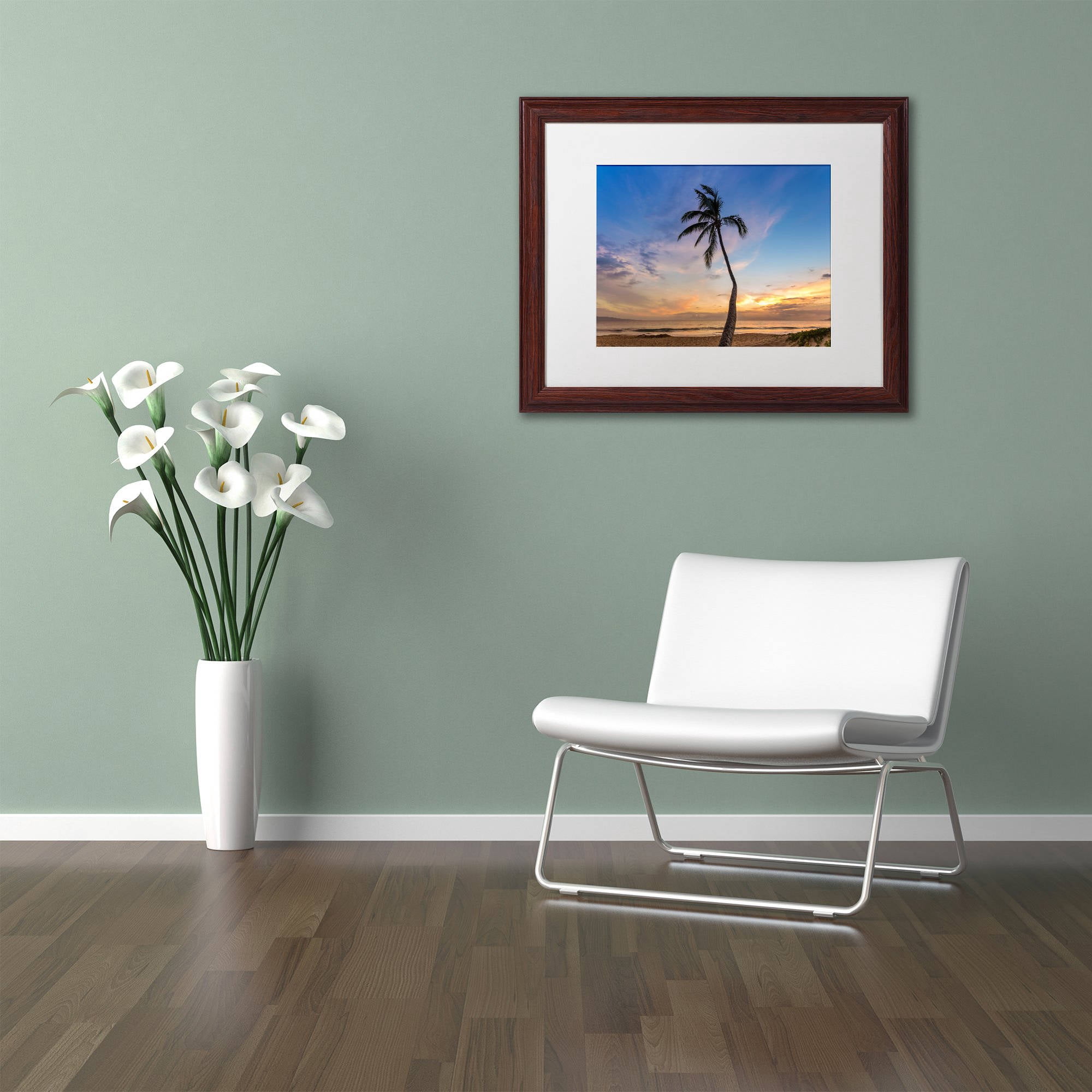 Trademark Fine Art 'Sunset Palm Tree' Canvas Art by Pierre Leclerc, White Matte, Wood Frame