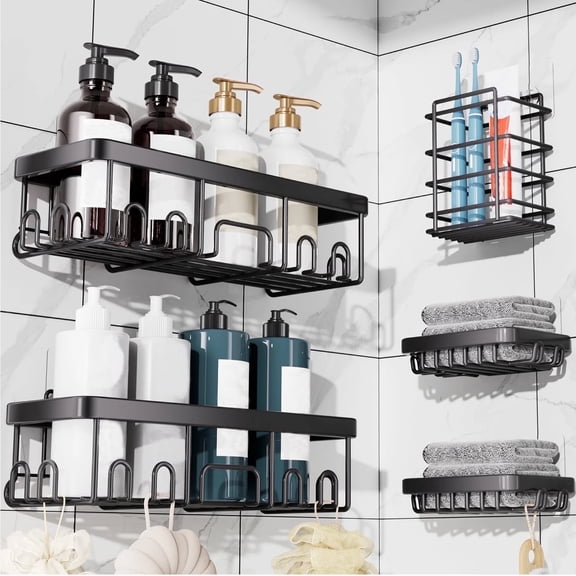 5-Pack Rustproof Stainless Steel Shower Caddy Set with Large Capacity– No Drill Adhesive Bathroom Organizer, Space-Saving Shower Shelves for Apartment Essentials, Bathroom/Kitchen Storage Home Decor