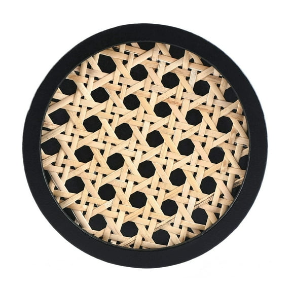 MomentDecor Unique Rattan Wood Coasters Round Shape Set of 4 Exclusive 4.2" Size Classic Black Wood Natural Handwoven Real Rattan Stylish Decor Protects Surfaces