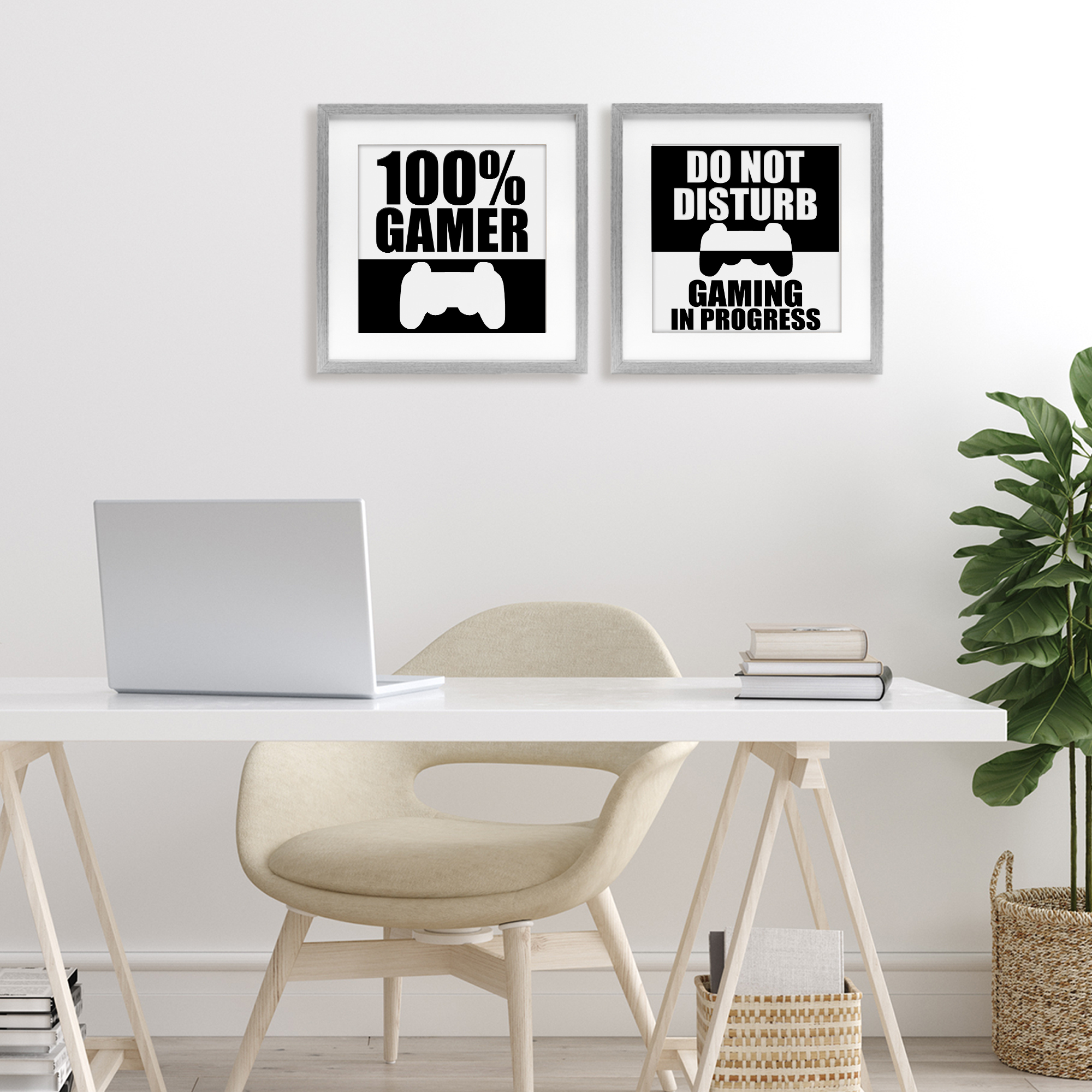 Competitive Gamer Black & White 2 Piece Gray Framed Print Under Glass Set, design by Kim Allen