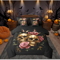 Manfei Couple Skeleton Skull Bedding Comforter Set 7pcs, Pink Rose Floral Flower Queen Bedding Sets, Gothic Romantic Reversible Queen Sheet Sets, Luxury Bedroom Decor