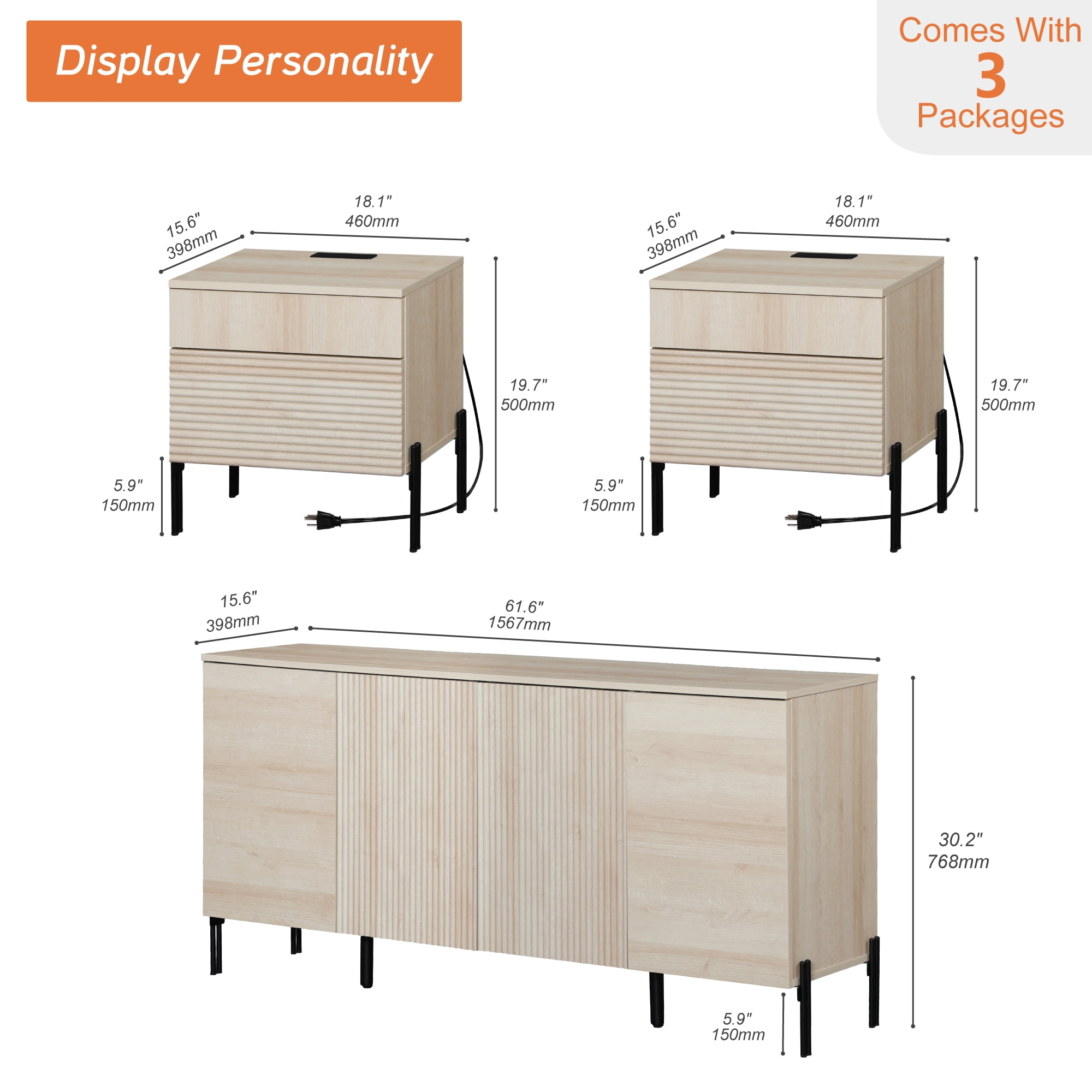 3-Piece Reeded Bedroom Set, Modern Minimalist Nightstand and Dresser Set, Oak Wooden Chest With Hidden Handles For Bedroom, Living Room