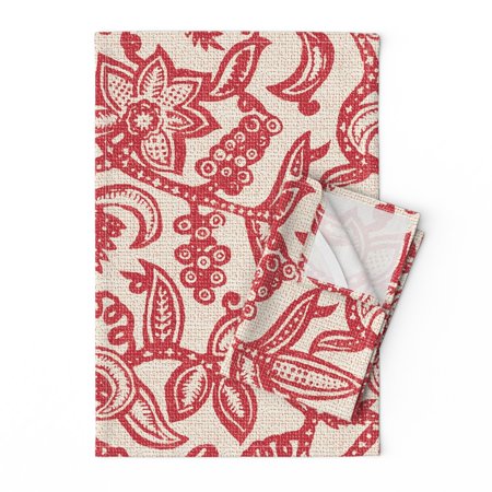 

Printed Tea Towel Linen Cotton Canvas - Vintage Inspired Floral Lace Red Damask Traditional Leaves Beige Print Decorative Kitchen Towel by Spoonflower