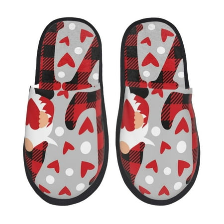

Qekee Buffalo Plaid Love And Gnome print Slippers for Women and Men Fluffy Cute Cozy House Slipper Funny Furry Bedroom Slippers for Women Indoor -Medium